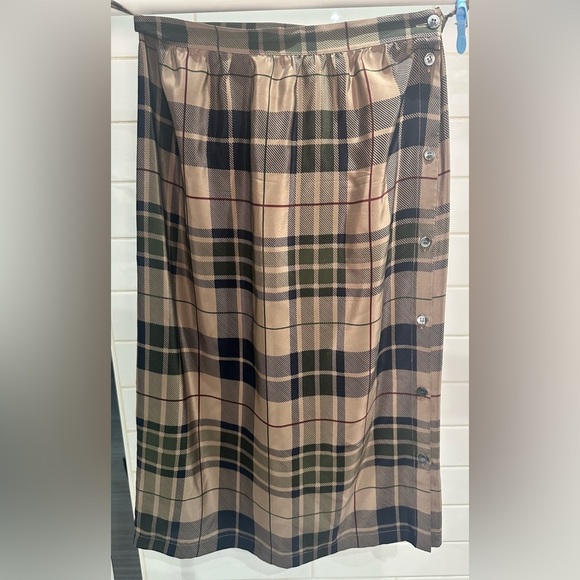 Vintage Alfred Sung 100% Silk Skirt Hong Kong, Plaid Print, Button-Up Side SZ 12 - Picture 1 of 5